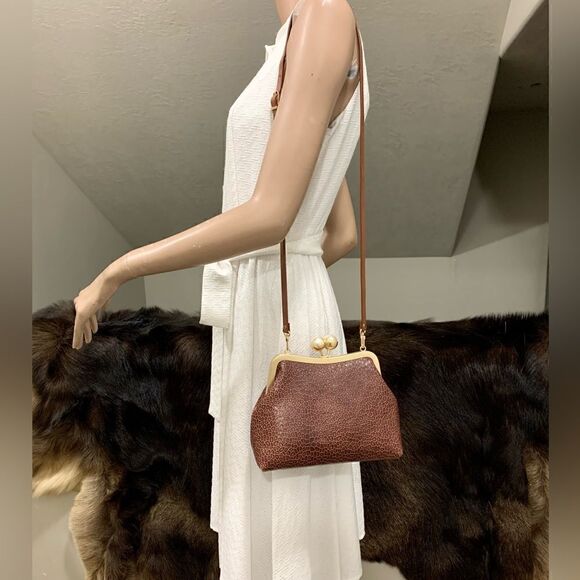 Brown Handmade Embossed Cowhide, Big Pearl Kisslock Clutch/Wristlet/Crossbody - Picture 6 of 15